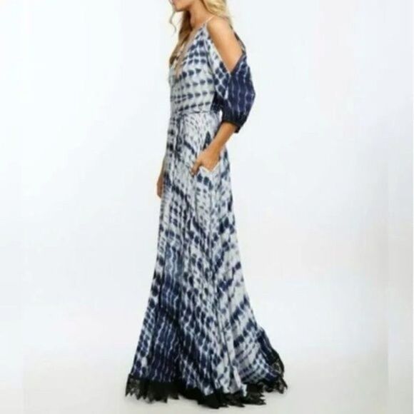 Line & Dot Maxi Dress Womens Size Small Bonheur French Tie Dye  Blue Boho Artsy - Picture 10 of 16